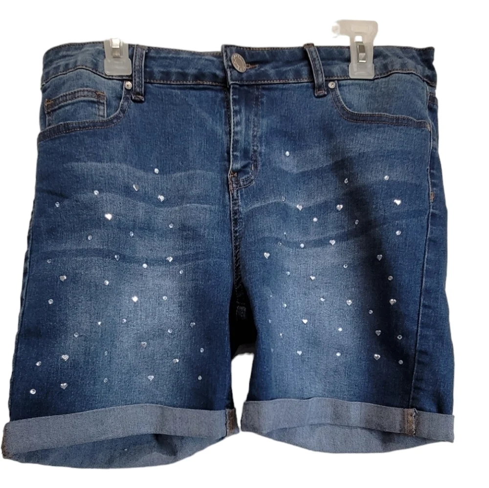 Size 16 /XL Embellished Bling Denim Bermuda Shorts Rhinestone Cuffed Y2K